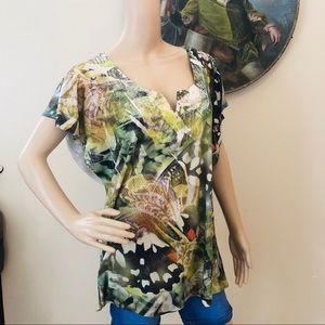 Energe World Wear Abstract Watercolor Boho Blouse Flutter Sleeve Split V-Neck